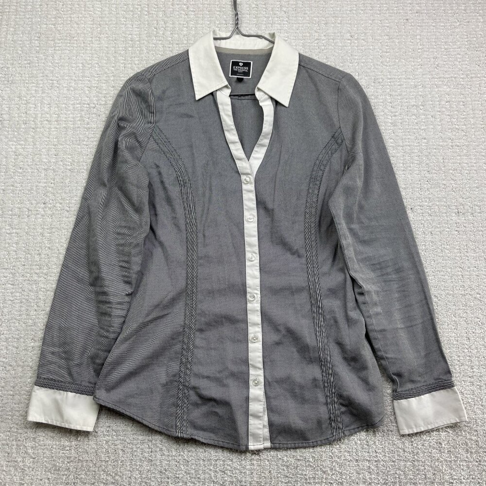 Express The Essential Womens M Long Sleeve Button Up Shirt Grey Blouse Top